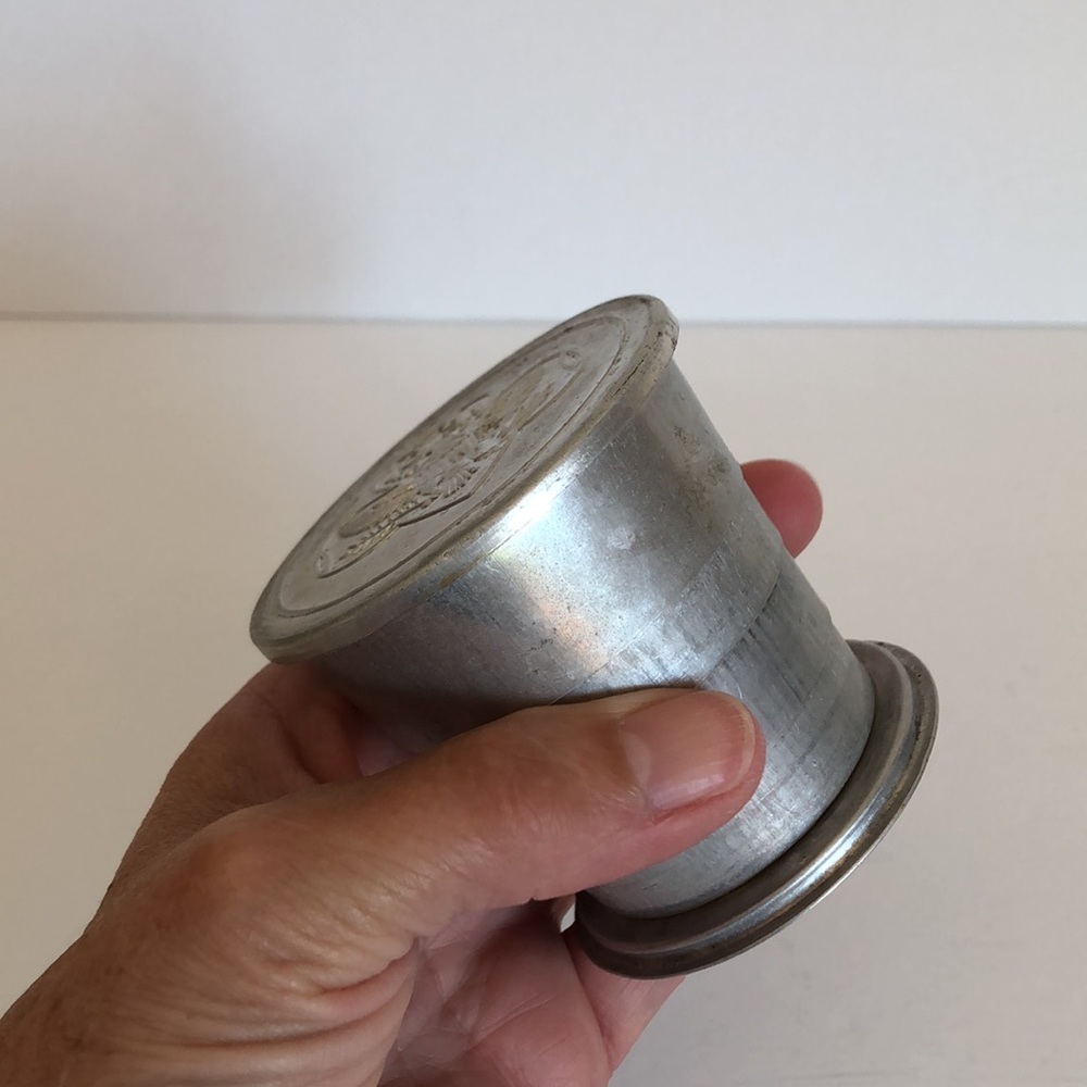 Vintage Girl Scout Collapsable Aluminum Cup And Pin With Safety Pin Clasp - Picture 2 of 15